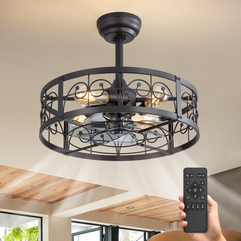  Mariellen 20" 7-Blade Indoor Enclosed Caged Black Ceiling Fan with the Remote Control