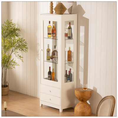 71'' Freestanding Upholstered Display Cabinet, Upholstered Glass Door Cabinet With Ceiling Light,Wine Cabinet With Adjustable Shelves, For Livingroom, Kitchen, Bar & Dining Room - White