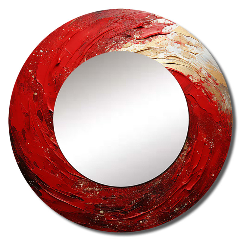 Spirale tourbillonnante fantaisiste rouge et or - grand miroir à spirales abstraites, décor de miroir mural rond unique moderne, art imprimé en métal