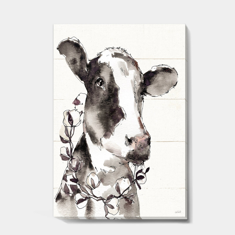 Gray and White Cow Portrait Canvas Art with Wooden Frame