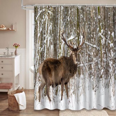 Deer Snow Winter Forest European Nature Shower Curtain with 12 Hooks