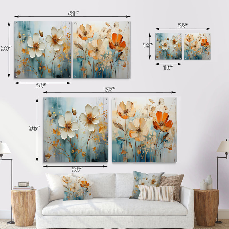 «Yellow Botanical Collage I», ensemble de 2 verres muraux abstraits en acrylique, H 36 po x l 73 po