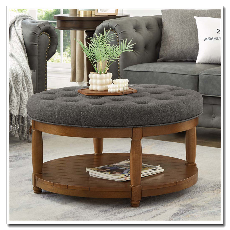 Table basse rembourrée rembourrée en lin, Gris anthracite, Rond