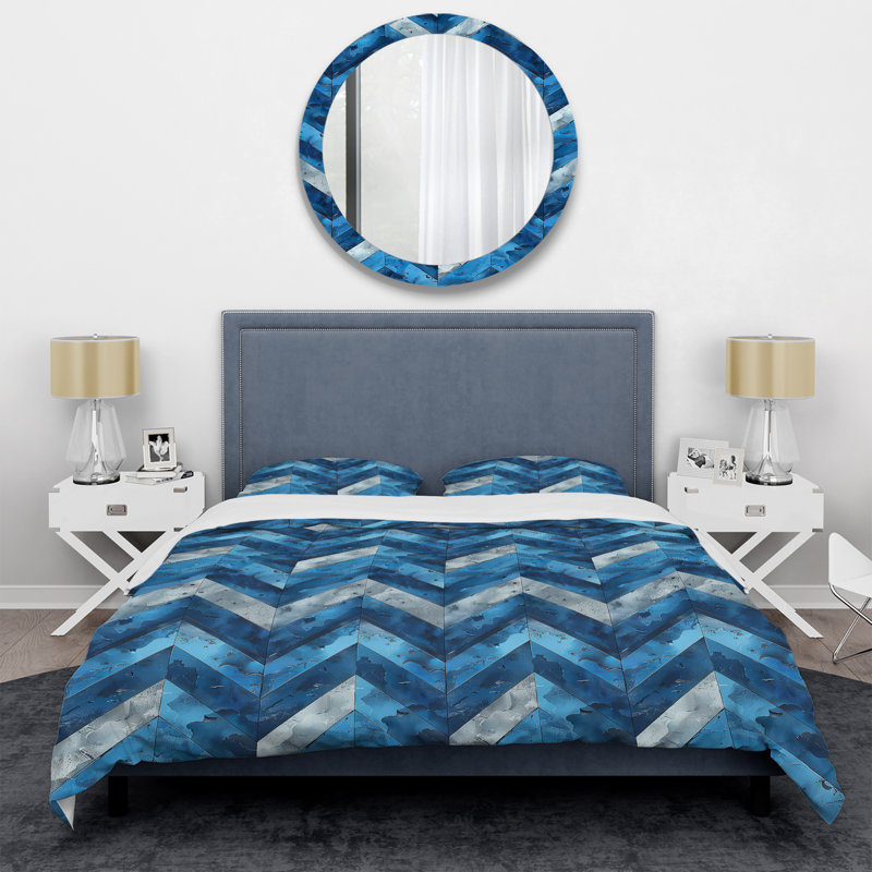Blue Chevron Print I - Ensemble de housse de couette moderne, Housse de couette pour grand lit et 2 taies décor