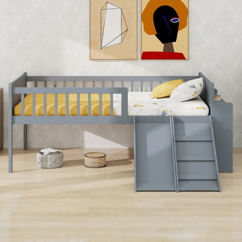 Bed Frame Featuring Storage Shelf, Slide, Ladder and Protective Guardrail, Gray