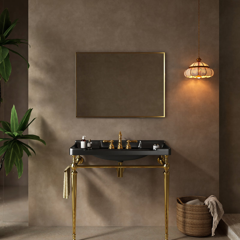 Lavabo de salle de bain, lavabo en céramique noire 36 po avec 3 trous de robinet, porte-serviettes à pieds en acier inoxydable, lavabo console robuste de 36 po, barre autoportante et robuste