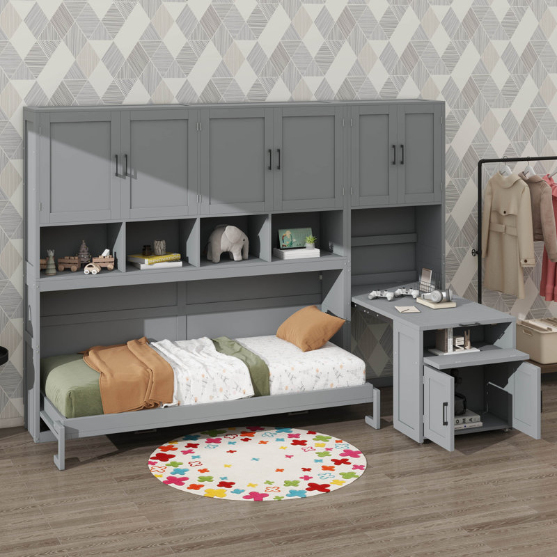 Lit escamotable simple mural avec placard, tiroirs et bureau