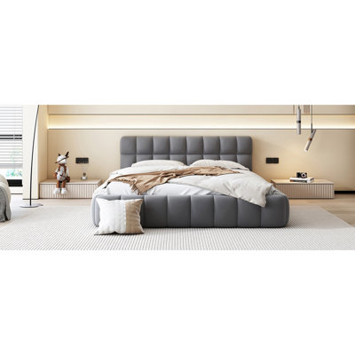 Upholstered Platform Bed With Thick Fabric, Grounded Bed With Solid Frame