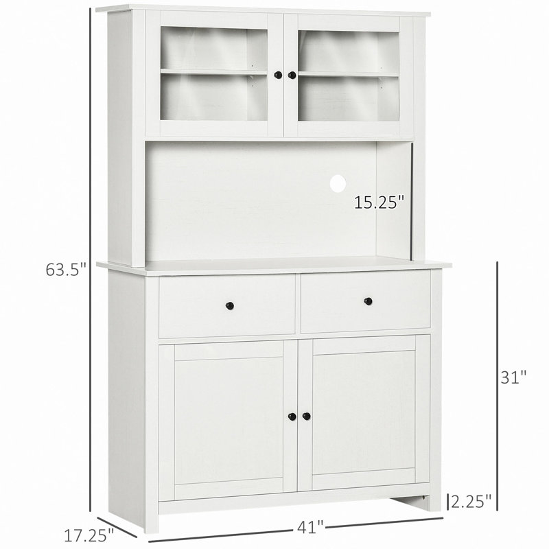 Buffet de cuisine 63,5 "avec huche, armoire de rangement pour garde-manger avec 4 tablettes, tiroirs, portes en verre encadrées, comptoir à micro-ondes ouvert