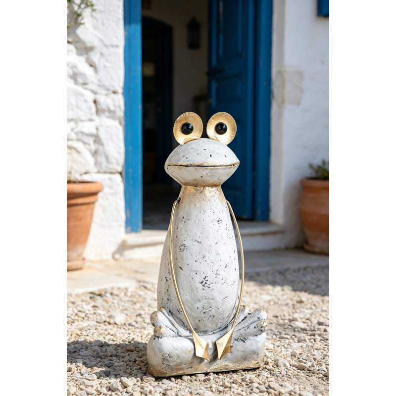Figurine abstraite grenouille blanche en magnésium avec bras et yeux dorés, parfaite pour un décor moderne et rustique