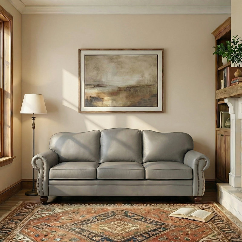 Eugene 81" Traditional Genuine Leather Sofa, Gray