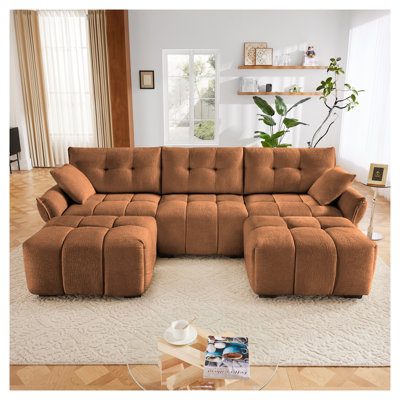 Ensemble de canapé 3 places avec repose-pieds et coussins décoratifs, structure robuste en bois massif en élégant tissu chenille texturé, parfait pour les salons, les salons, les bureaux ou les hôtels en orange brûlé