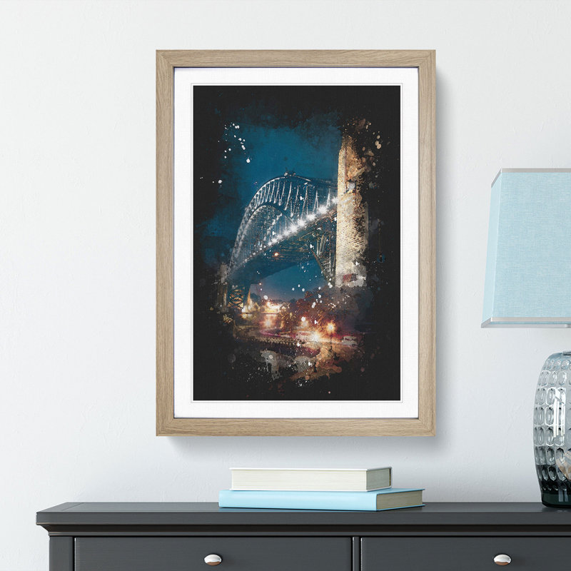 'Sydney Harbour Bridge Australia Abstract' - Picture Frame Graphic Art Print, 87cm H x 62cm W x 2cm D, Oak Framed