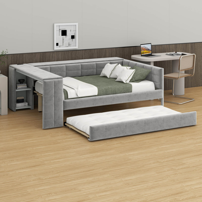 Lit tapissier double (conception plateforme) - tablettes de rangement, bureau, station de charge et lit gigogne, Gris