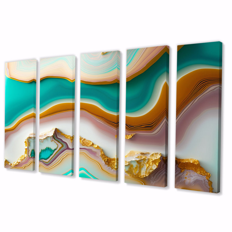 Liquide harmonie agate bleue or turquoise III - impression abstraite de formes murales - 5 panneaux égaux