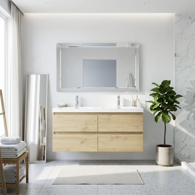 48" Wood Melamine Floating Wall‑Mounted Bathroom Vanity with Resin Integrated Basin Sink, Bath Cabinet in Natural Wood with Soft-Close Drawers & Cabinets and Canceled Handles