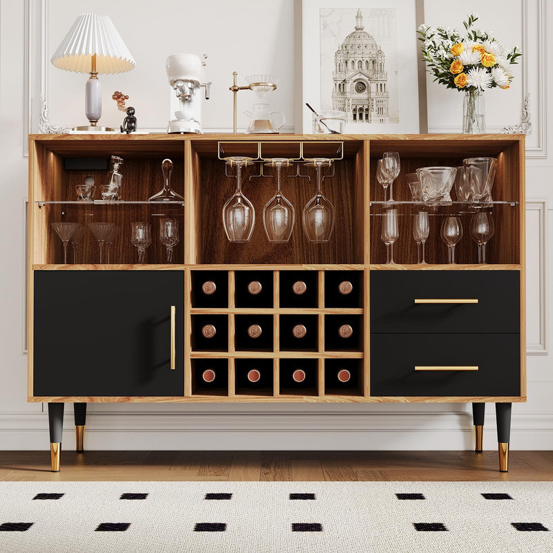 LED Lit Wine & Coffee Bar Cabinet with Charging Station and Storage Hutch