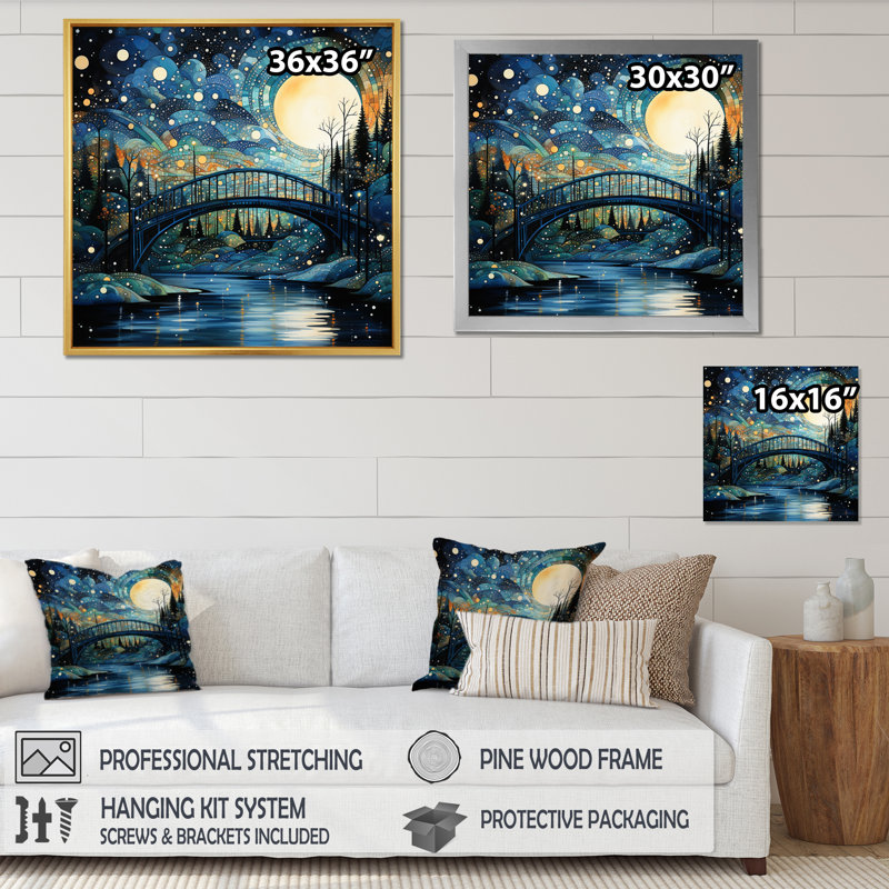 Teal Bridge Flowing Connections Pointillism II - Pointillism Wall Art Living Room, 24" H x 24" W, Cadre flottant noir