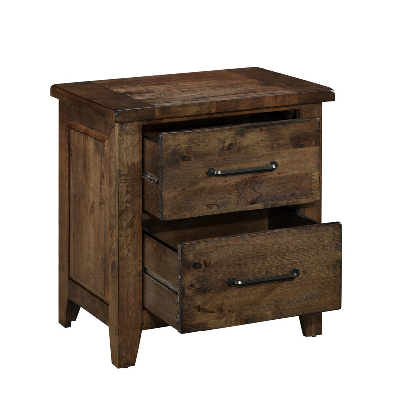 Table de chevet en bois d'hévéa massif avec touche rustique - 2 tiroirs, finition brunie, table d'appoint de style transitionnel classique