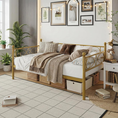 Structure de lit de jour moderne en métal pour économiser de l'espace, lattes en acier robustes, canapé-lit à tête de lit à motif floral pour le salon, la chambre à coucher, la chambre d'amis - or, taille simple