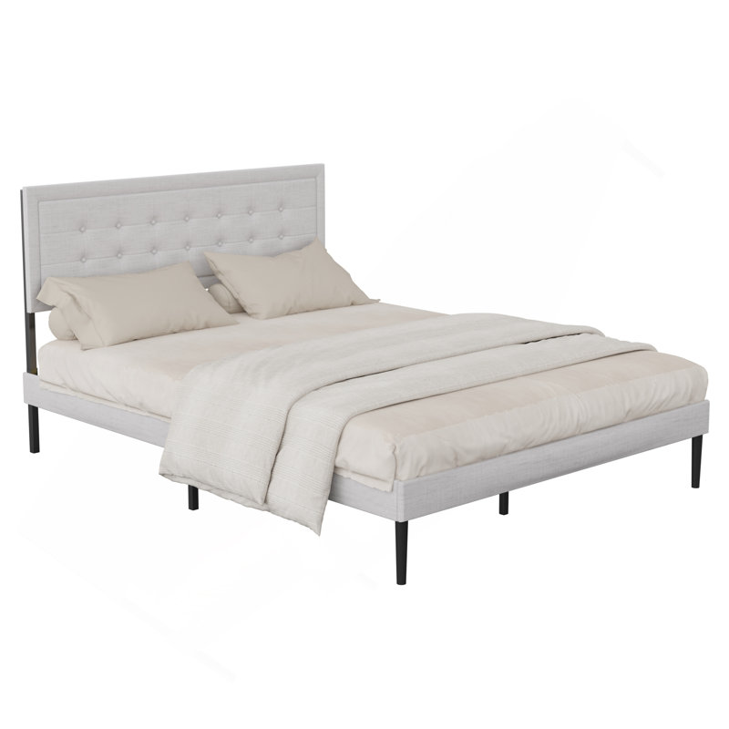 Base de lit plateforme en fer avec support en lattes de bois et tête de lit tapissier (grand) - Gris