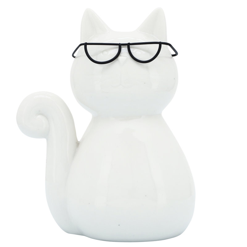 Adalmiina Modern Stoneware and Porcelain Cat Figurine with Glasses, 8" H x 6" W x 4" D