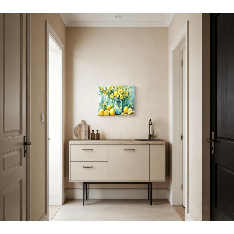 Citrons jaunes dans un pot Mason sur fond bleu, toile de fond en bois massif, art mural pour salle à manger, décoration murale 16 po x 24 po