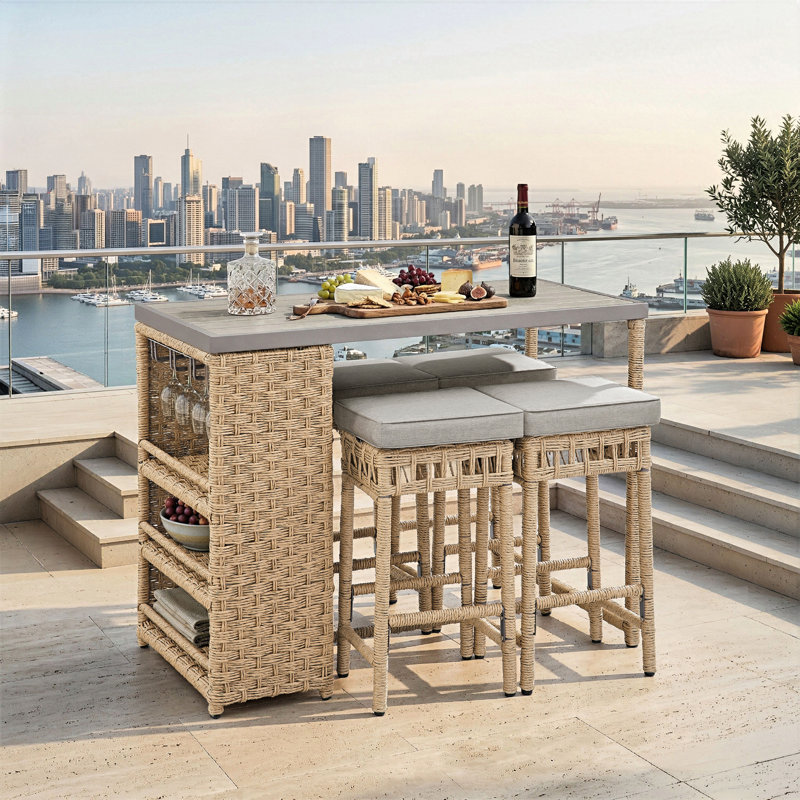 Bogovic 5-Piece Boho-Style Outdoor Wicker Bar Set With Bar Shelves Storage, Yellow