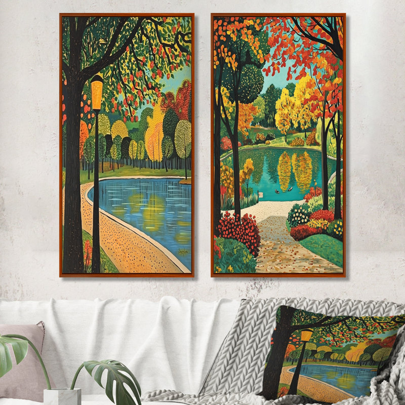 Retiro Parks Beautiful Lakes I - Madrid, ensemble de 2 décorations murales, H 40 po x l 40 po, Cadre flottant brun