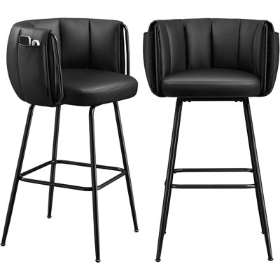 Ensemble de 2 tabourets de bar pivotants à dossier incurvé, tabourets de comptoir rembourrés avec repose-pieds et pieds fuselés en métal, noir encre