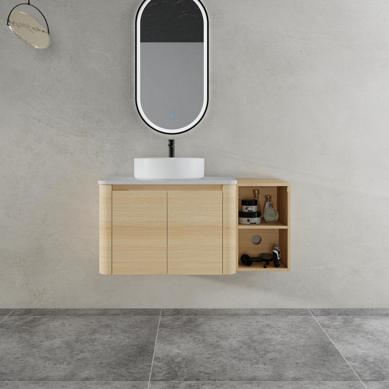 Meuble-lavabo mural avec lavabo d'art en céramique et tablettes de rangement, porte à fermeture en douceur, Blanc brillant