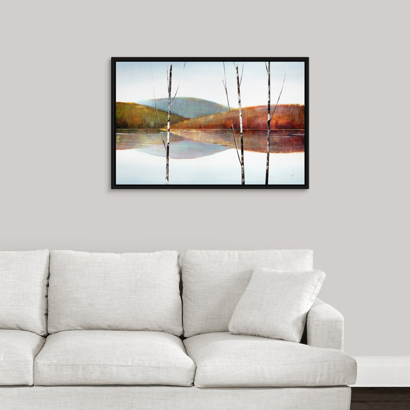 « calme eaux vii », peinture sur toile, H 25,7 po x l 37,7 po x P 1,75 po, Cadre flottant noir