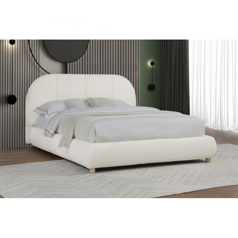 Cadre de lit plateforme moderne en tissu ivoire doux et moderne, durable et élégant pour les chambres contemporaines, Ivoire