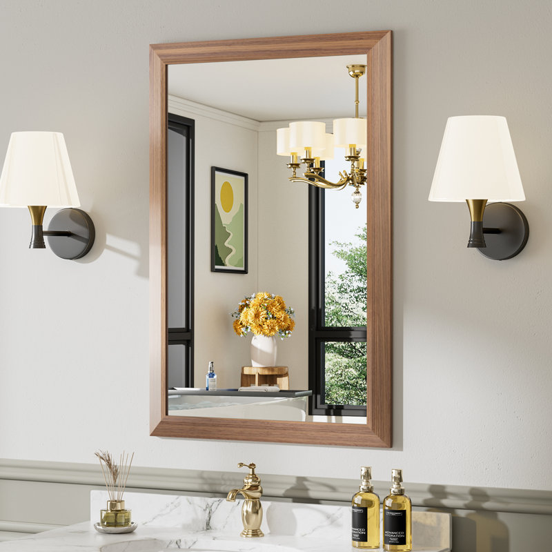 Miroirs de salle de bain modernes et contemporains en métal biseauté rectangulaire / carré avec verre trempé HD, Bois brun