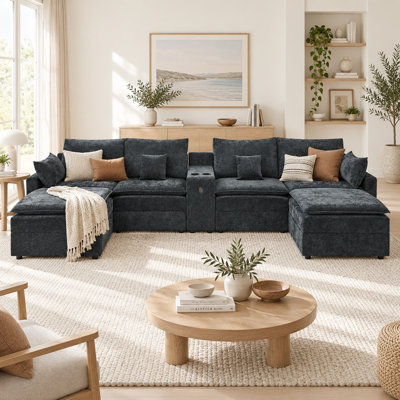 Canapé modulaire en U modulaire de 143,8 pouces Moduvane, canapé en chenille 6 places avec console de rangement multifonction, porte-gobelets, chargeur USB, poches d'accoudoirs, 2 repose-pieds reconfigurables