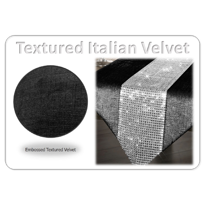 Crushed Velvet Embossed Tasselled Table Runner Sparkle Diamante Decorative Dinning Table Runner, Wrinkle Free W33 X L183cm, Black
