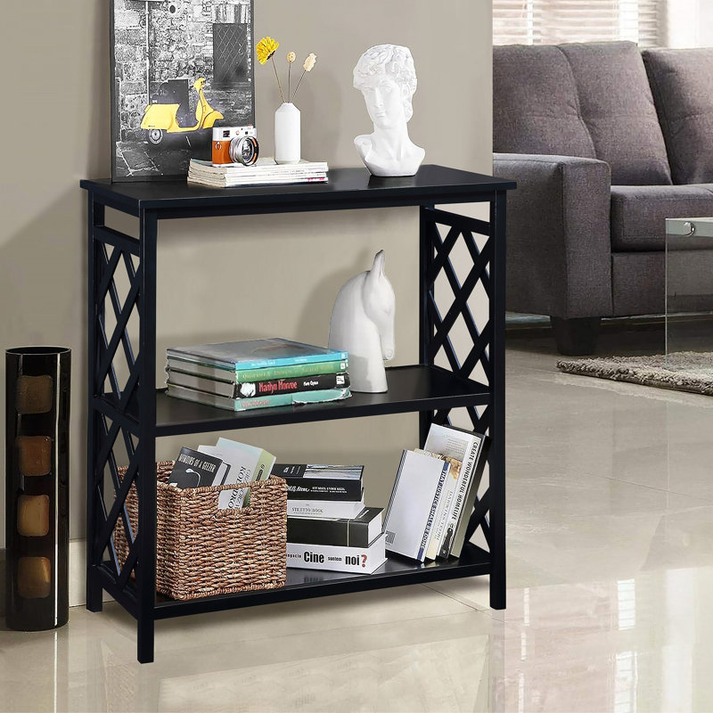 Console Table 3-Tier With Storage Shelves,Open Bookshelf Bookcase With Solid Wood Legs, Black