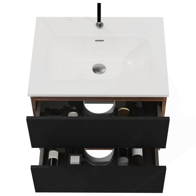 24" Wall Mounted Soft Black & Walnut Bathroom Vanity With Integrated Ceramic Sink With Overflow, Large Storage Floating Bathroom Vanity For Modern Bathroom