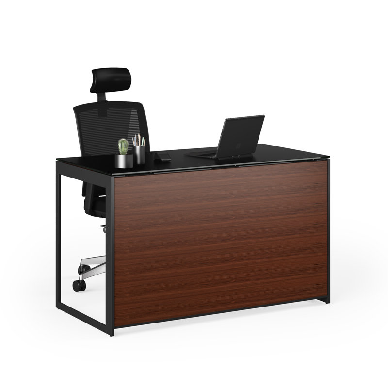 Sequel Desk With Back Panel - Charcoal Stained Ash, Black Metal, Chocolate Stained Walnut/Black