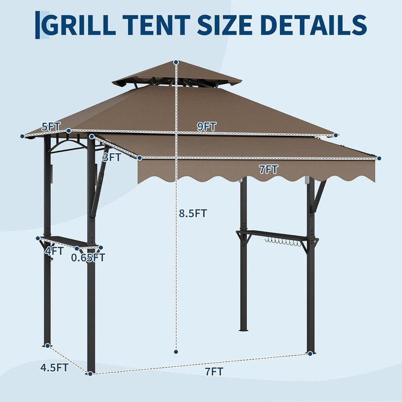 8x5 ft Double-Tier Grill Gazebo with 7x3 ft Front Awning, Heavy Duty Q235 Steel Frame, 2 Shelves, 10 Hooks & LED Lights for Patio, BBQ, Backyard, Claret