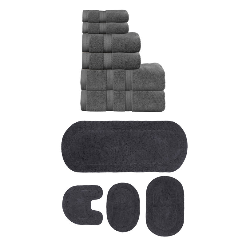 Ensemble de serviettes 6 pièces et de tapis de bain 4 pièces Brunk Collection 100% coton doux (ensemble de 10), Gris foncé