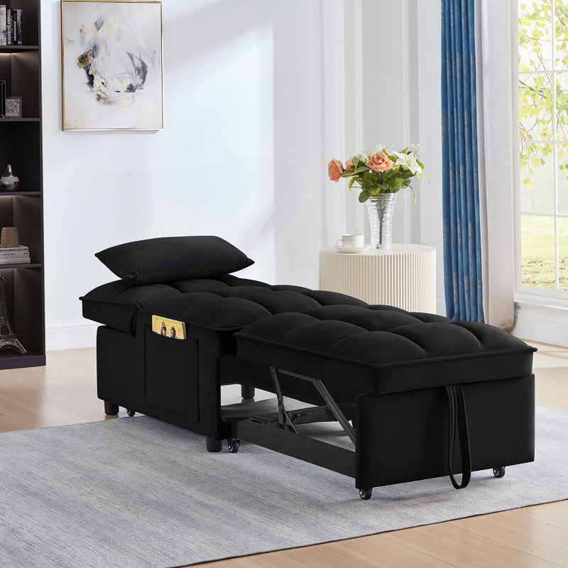 Tufted Single Pull-Out Sofa Bed with Adjustable Backrest And Pillows, Convertible Chaise Lounge, Black
