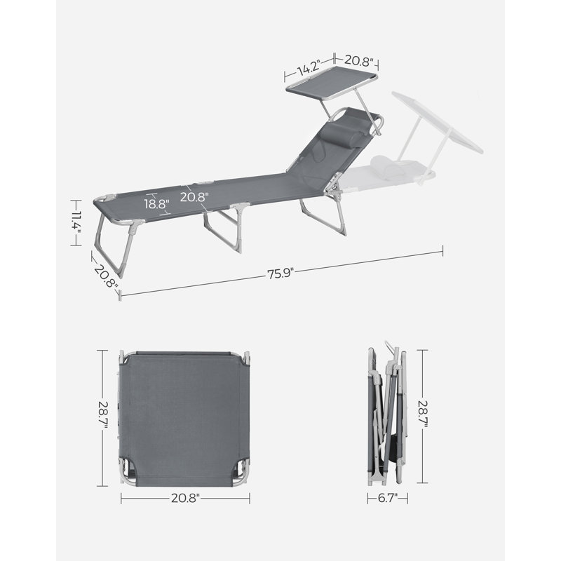 Sun Lounger, Deck Chair Folding, Sunbed, 76 X 20.9 X 11.4 Inches, Max. Load 330 Lb, With Sunshade Headrest Adjustable Backrest, For Terrace Pool Garden, Dark Gray