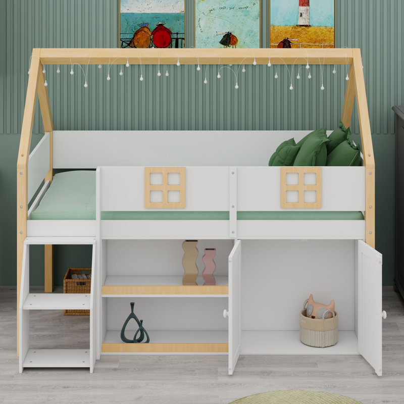 Lit mezzanine bas avec tablettes et armoires