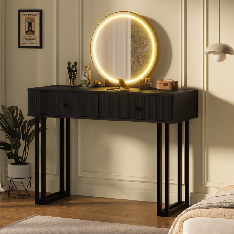 Bureau de coiffeuse noir avec miroir et lumières, petite coiffeuse de maquillage avec 2 tiroirs, organisateur de coiffeuse moderne avec 3 lumières de couleur, luminosité réglable, coiffeuse pour chambre à coucher