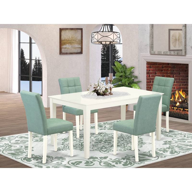5-Piece Linen White Finish Solid Wood Top - Rectangular Dining Room Set - Seats 4, Green, White