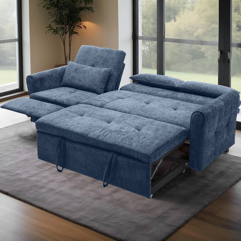 Canapé-lit convertible moderne 2-en-1 et fauteuil inclinable avec ports USB, Chenille bleu