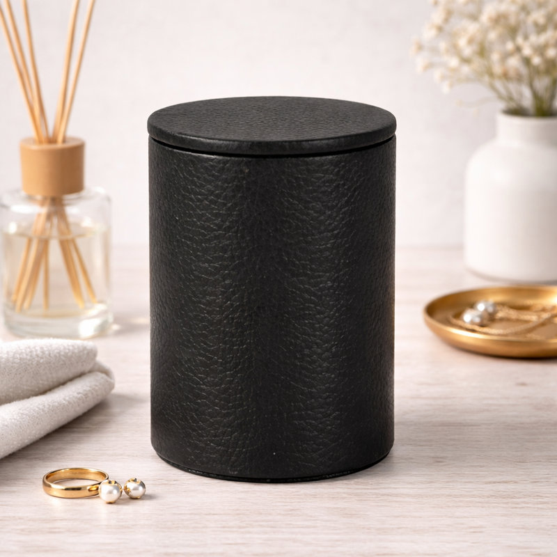 Black Leather Bathroom Storage Jar with Lid – Cotton Ball & Vanity Organizer, Black