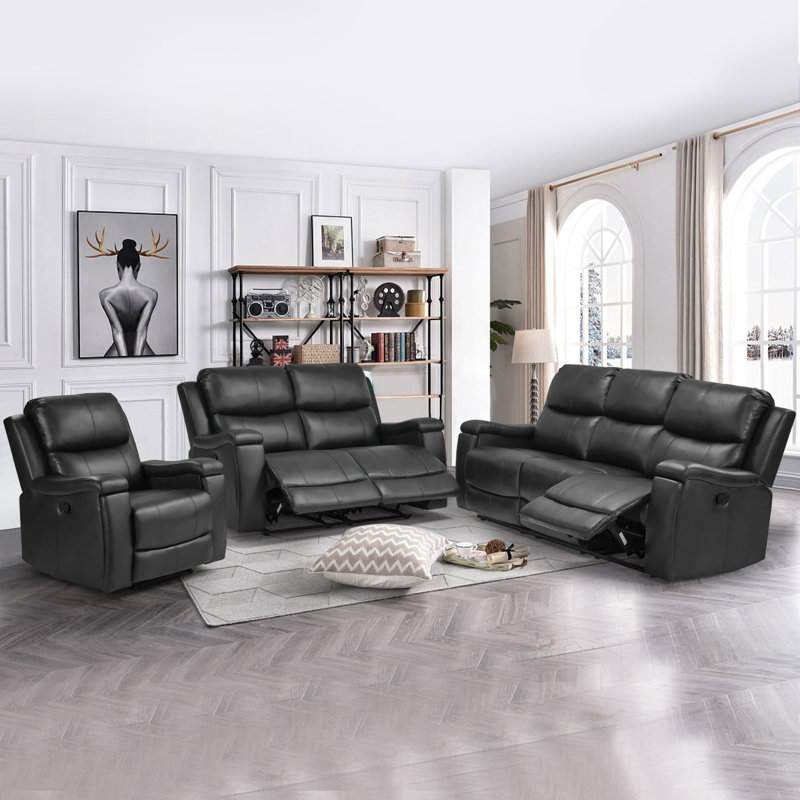 Ilkeston 3-Piece Manual Reclining Faux Leather Living Room Set with Built-in Cupholder, Midnight