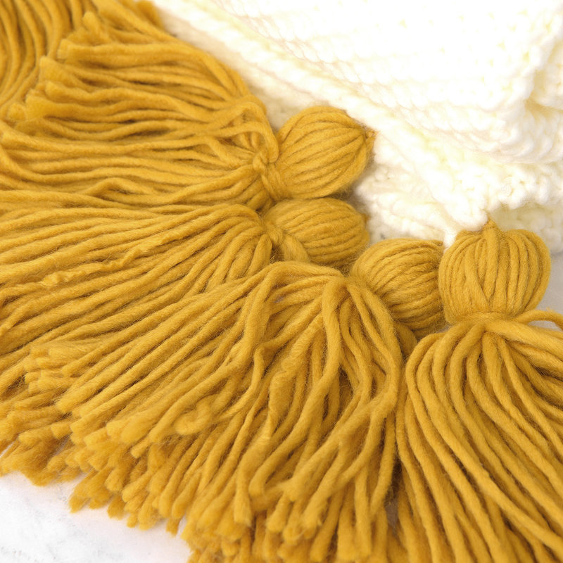 Mustard and Cream Acrylic Knit Throw with Tassels